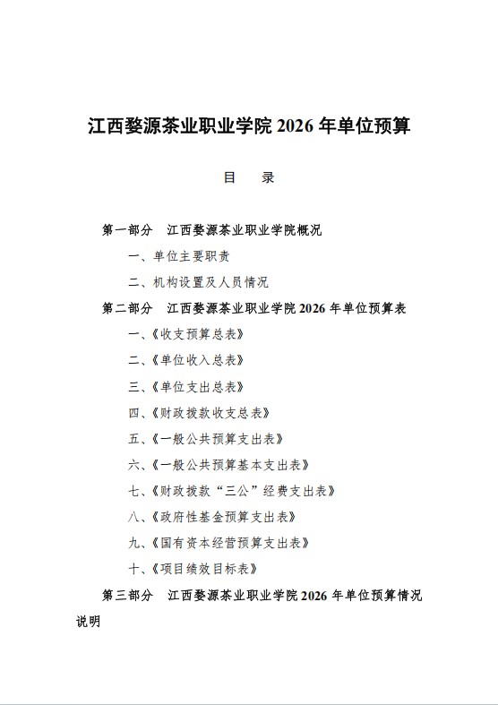江西婺源茶业职业学院2026年度预算信息公开